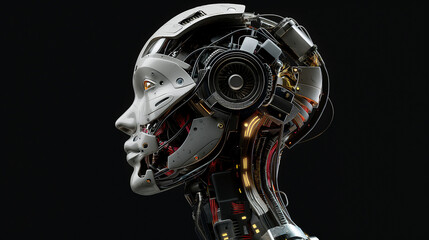 robot cyborg soldier, cyborg robot, an AI robot head, composed entirely from wires and circuits, against the backdrop of pitchblack space, obot with gears, human skull with alpha channel