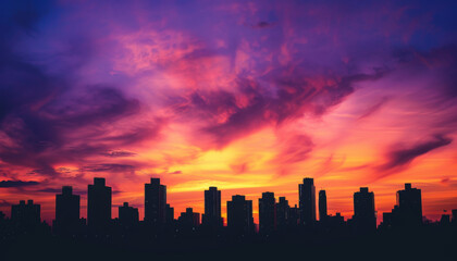 Fototapeta premium A city skyline is silhouetted against a beautiful sunset