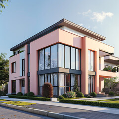 Angled side view from the street of a modern luxury suburban house with light coral walls and large windows, complemented by a neatly arranged front yard.