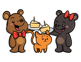 Obraz premium Cute couple bear cub wearing bowtie and butterfly hair ties celebrate birthday with kitten they pet. Best for sticker, logo, and mascot with birthday themes