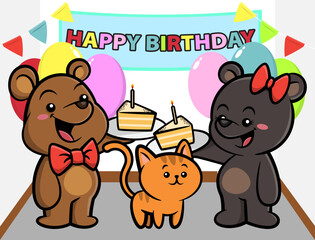 Cute couple bear cub wearing bowtie and butterfly hair ties celebrate birthday with kitten they pet. Best for sticker, logo, and mascot with happy birthday themes for kids