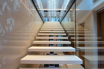Fototapeta premium An ultra-modern staircase in a luxury home, with seamless steps appearing to float between two glass panels, under a high-res modern chandelier