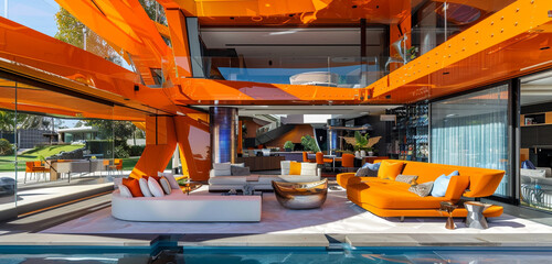 Burnt orange ultramodern mansion with an open-air lounge and bespoke interiors, in a distinguished suburb.