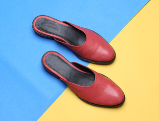 women's leather slipper mules on colorful background
