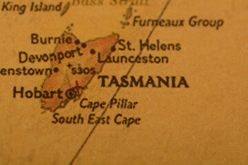 View of Tasmania location on map. Tasmania, the island state of Australia, is known for its...