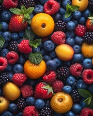 Obraz premium A vibrant assortment of fresh fruits including berries, oranges, and apricots with mint leaves, creating a colorful and healthy display.