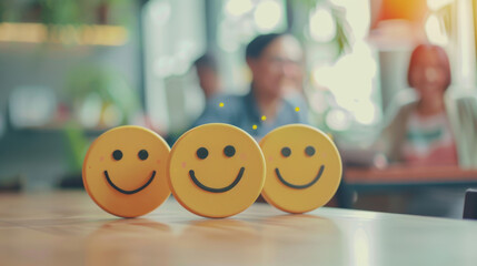 Three smiling faces are placed on a table