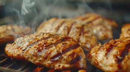 A super slow-motion shot of a perfectly grilled chicken breast being sliced, revealing juicy, tender meat and grill marks.