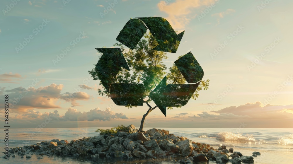 Aufkleber a surreal image of the recycling symbol transforming into a flourishing tree, symbolizing the transf