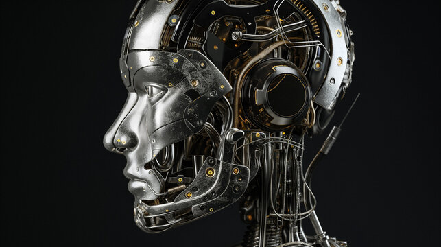 3d render of a robot with a head, robot cyborg soldier, cyborg robot, an AI robot head, composed entirely from wires and circuits, against the backdrop of pitchblack space, obot with gears, human skul