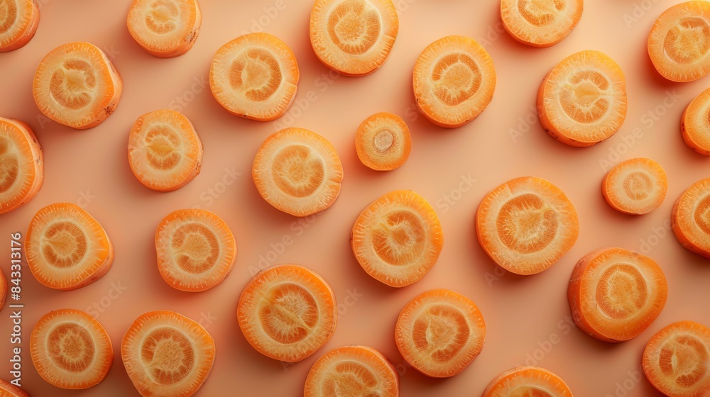 Poster a symphony of sliced carrots, their shapes and forms arranged in a visually pleasing composition, se