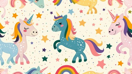 Colorful rainbows, stars, and unicorns. seamless illustration pattern.