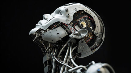 Fototapeta premium 3d render of a robot with a head, robot cyborg soldier, cyborg robot, an AI robot head, composed entirely from wires and circuits, against the backdrop of pitchblack space, obot with gears, human skul