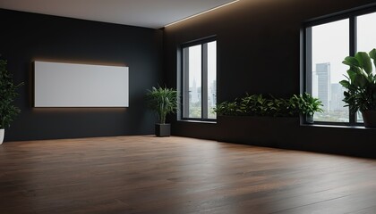 Dark black background empty room with plants