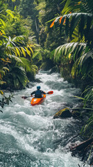 A man in a kayak is paddling down a river