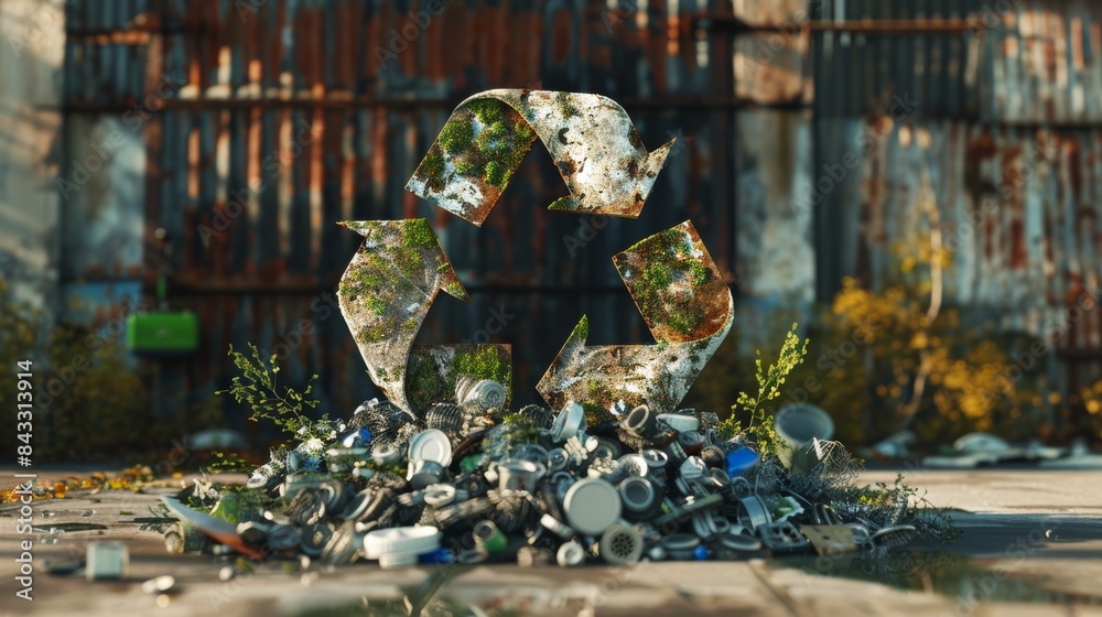 Poster a thought-provoking photorealistic rendering of the recycling symbol crafted from recycled materials