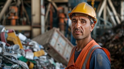 A thought-provoking portrait of a worker at a waste recycling plant, their face etched with determination and pride as they play a crucial role in protecting the environment.