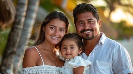 Fototapeta premium Latin American family, including a mother, father, and young daughter, smiles warmly at the camera on a tropical beach at sunset.
