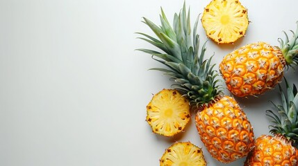 Fresh pineapples and slices arranged on a light background, showcasing their vibrant yellow color and spiky green leaves.