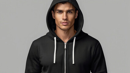 Obraz premium Men's black blank long sleeve hooded sweatshirt