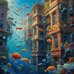 Fototapeta premium A dazzling portrayal of a bustling underwater city, teeming with vibrant marine life, colorful corals, and ancient architecture, bathed in sunlight streaming from above the water's surface generative