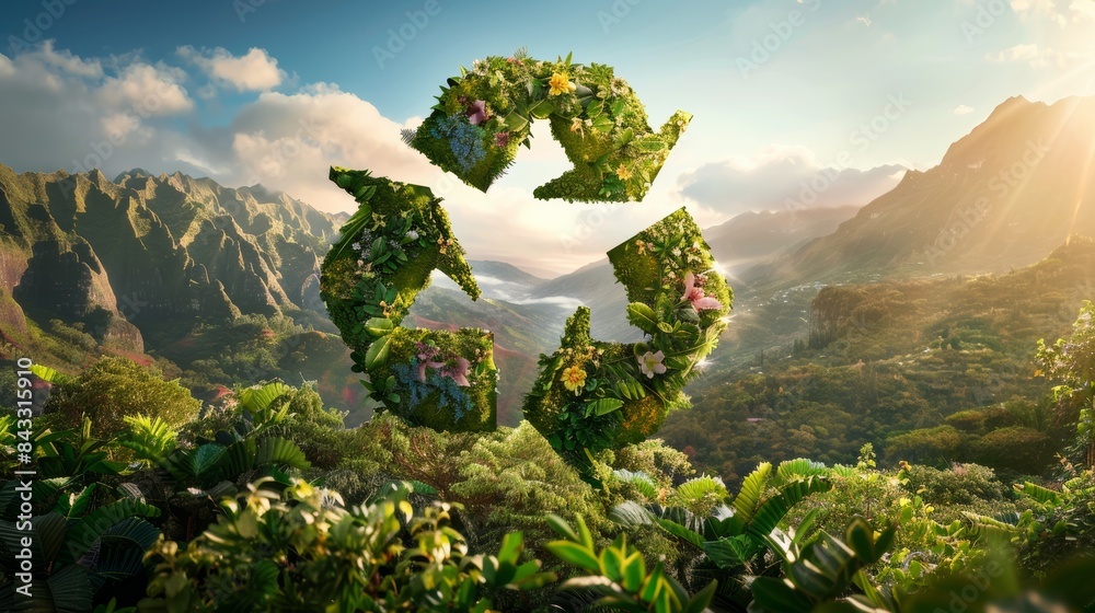 Poster a vibrant, stylized image of the recycling symbol floating amidst a lush green landscape, emphasizin