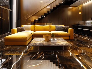 Contemporary living room with a golden yellow sofa, a sleek marble coffee table, and a dark marble floor with light streaks. The staircase features a minimalist design with metal railings.