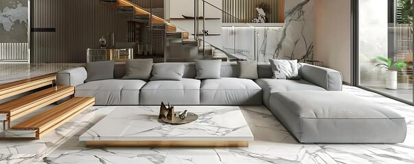 Contemporary living room with a dove gray sofa, a low marble coffee table, and a white marble floor. The staircase features wooden steps and a glass railing.