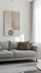 A living room with a white couch and a brown pillow