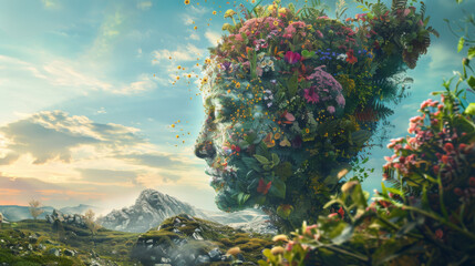 A woman's face is made of flowers and plants