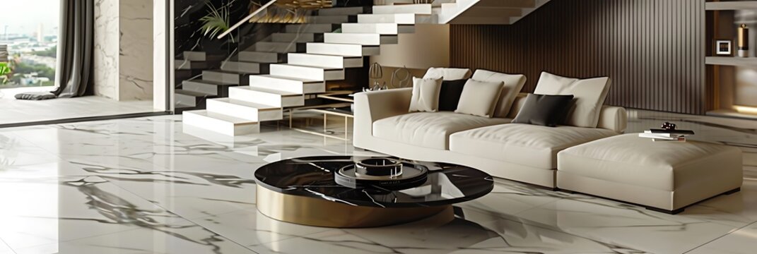 Contemporary living room with a plush cream sofa, a sleek black marble coffee table, and a white marble floor. The staircase is designed with open risers and a glass railing.