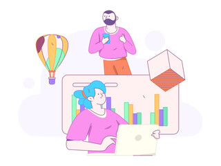 Flat vector illustration of business people operating work scene
