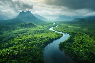Fototapeta premium A photo of a river flowing through a lush landscape, representing the interconnectedness of nature, with the text Greenpeace Working to protect our planets vital resources