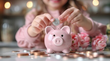 A child putting a coin into a pink piggy bank surrounded by coins and flowers, symbolizing saving money and financial responsibility.