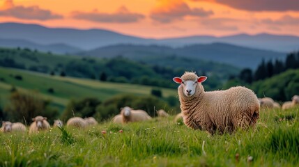 Fototapeta premium A flock of sheep grazing on a lush green hillside at sunset, with rolling hills in the background and a vibrant orange sky.