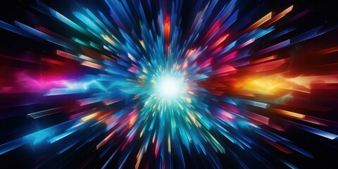 Vibrant cosmic explosion with colorful light streaks radiating from a bright center, creating a mesmerizing abstract space scene.