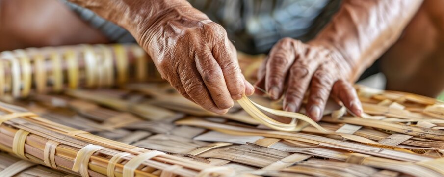 Close-up of elderly hands weaving a wicker basket. Detailed texture, showcasing traditional craftsmanship and the precision of hands at work.
