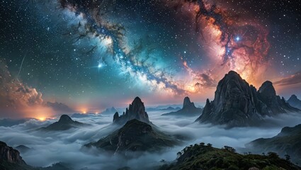 Naklejka premium Mystical Mountainscape Under a Starry Sky