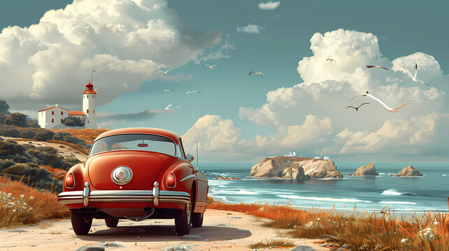 Vintage red car illustration, timeless beauty of classic vehicles. This retro-inspired artwork of the essence of antique automobiles with a nostalgic touch, idea transportation history.