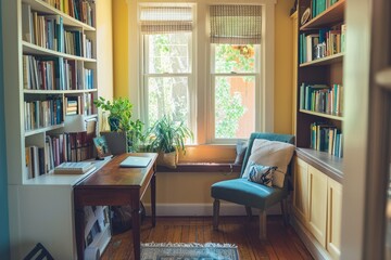 A well-organized home office with a desk, bookshelves, and a cozy reading nook