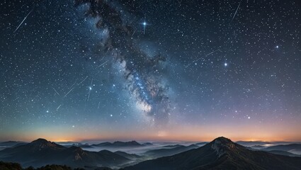 Naklejka premium Milky Way over Mountain Range at Dawn
