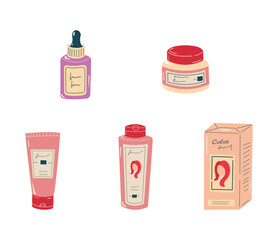  Set of products for hair care. Hair cosmetics. Hair mask, shampoo, color for hair, cream, and bottle with inscription.  Vector illustration in flat style. Isolated on white background.