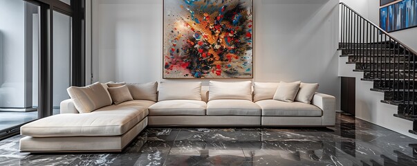 Elegant living room showcasing a cream-colored sectional sofa, a large abstract painting, and dark marble floors. Metal balusters on the staircase complement the modern vibe.