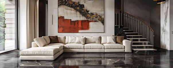 Elegant living room showcasing a cream-colored sectional sofa, a large abstract painting, and dark marble floors. Metal balusters on the staircase complement the modern vibe.