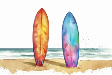 Two colorful surfboards standing on the beach by the sea, with gentle waves in the background, in a vibrant watercolor painting.