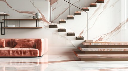 Elegant living room with a coral velvet sofa, a series of marble shelves, and a polished marble...