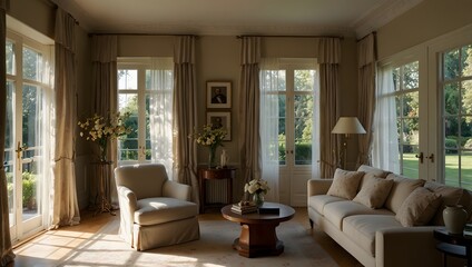 Fototapeta premium A serene drawing room overlooking a garden, bathed in soft sunlight filtering through sheer curtains ai-generated