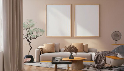 Realistic 3D Render of Modern Living Room with ISO A Paper Size Wall Poster Mockup