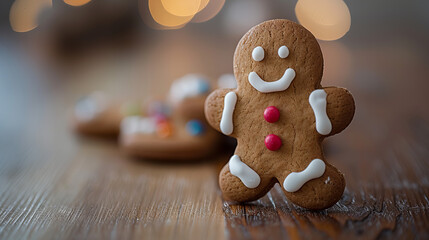 Gingerbread Man - A beautifully decorated gingerbread man standing on a table, with blurred Christmas decorations in the background.
