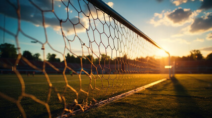 soccer goal in the afternoon on a big stadium with fans cheering in the background